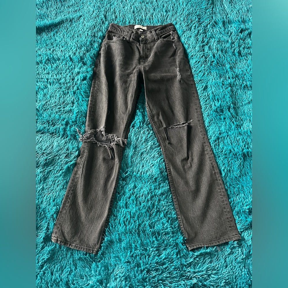 Abercrombie & Fitch Curve Love Black Distressed Straight Leg Jeans